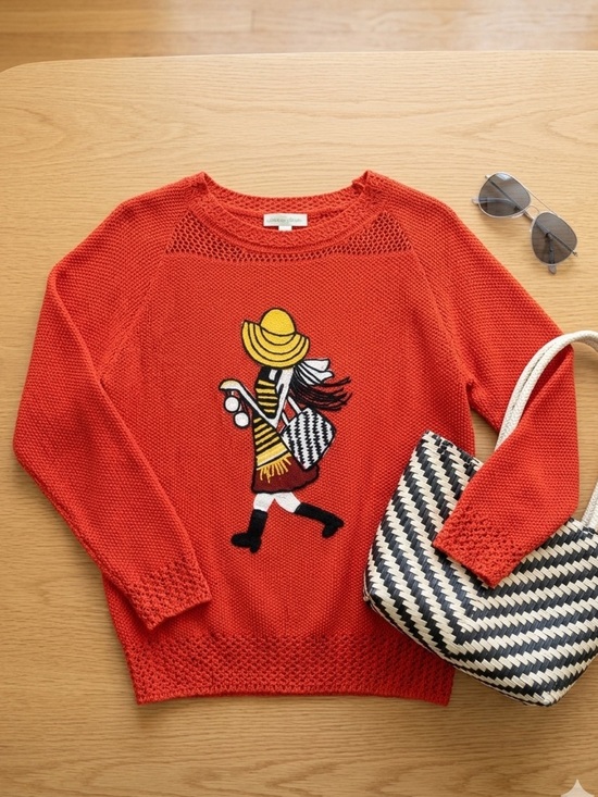 Vintage Sweaters - Vintage Tomato Red Embroidered Girl Hat Intarsia Textured Knit Lace Trim Sweater